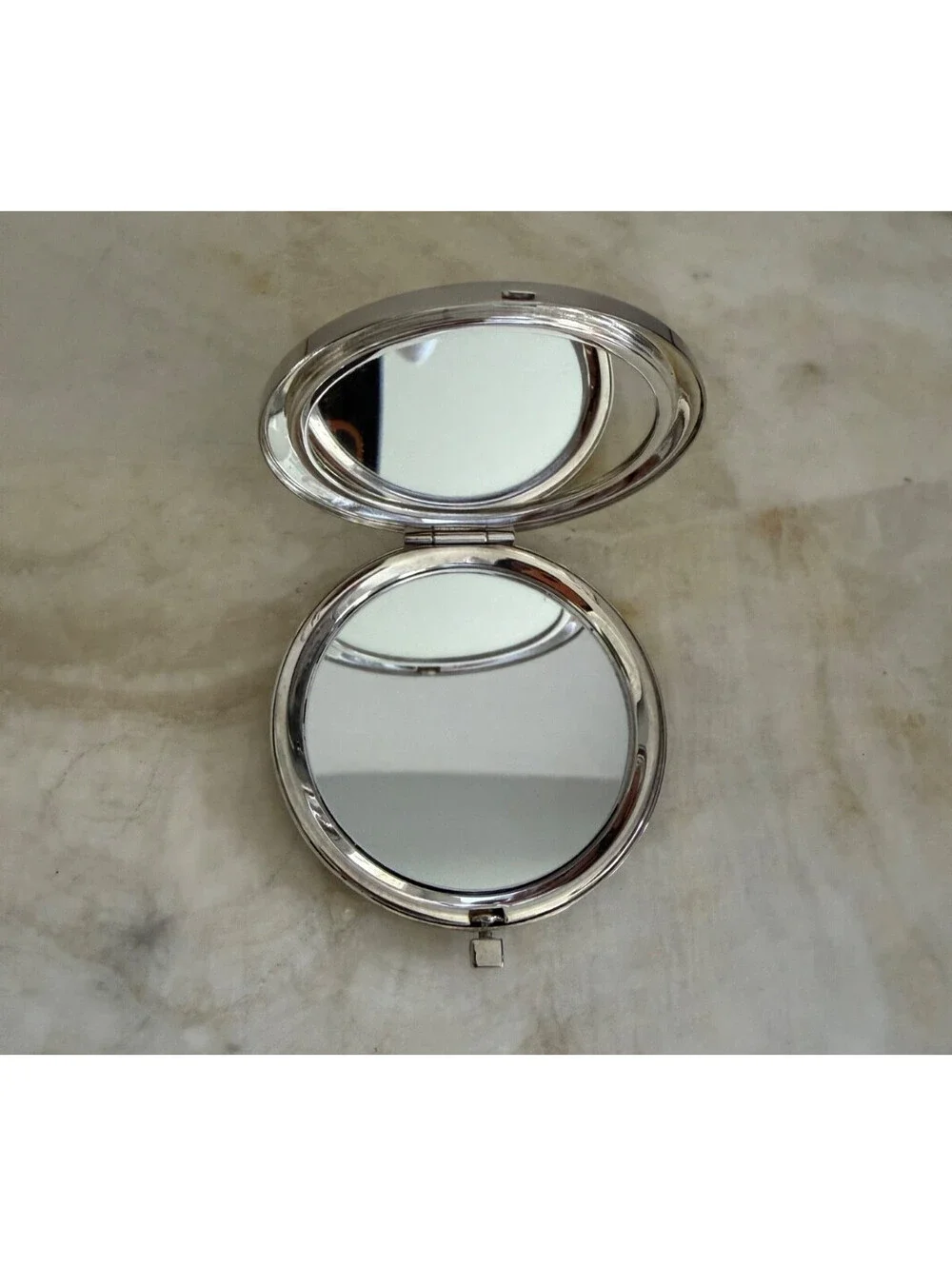 Vintage Style Silver Tone Lattice Compact Mirror with Rhinestone Accents